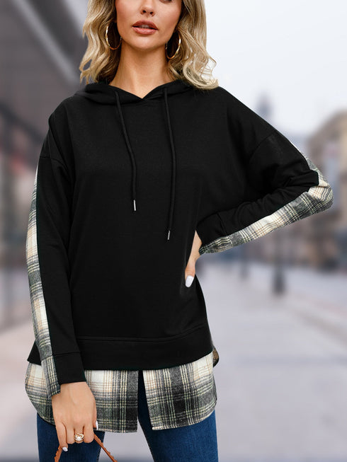 'Lireal' Split Colour Plaid Long Sleeve Hoodie - Celes Fashion